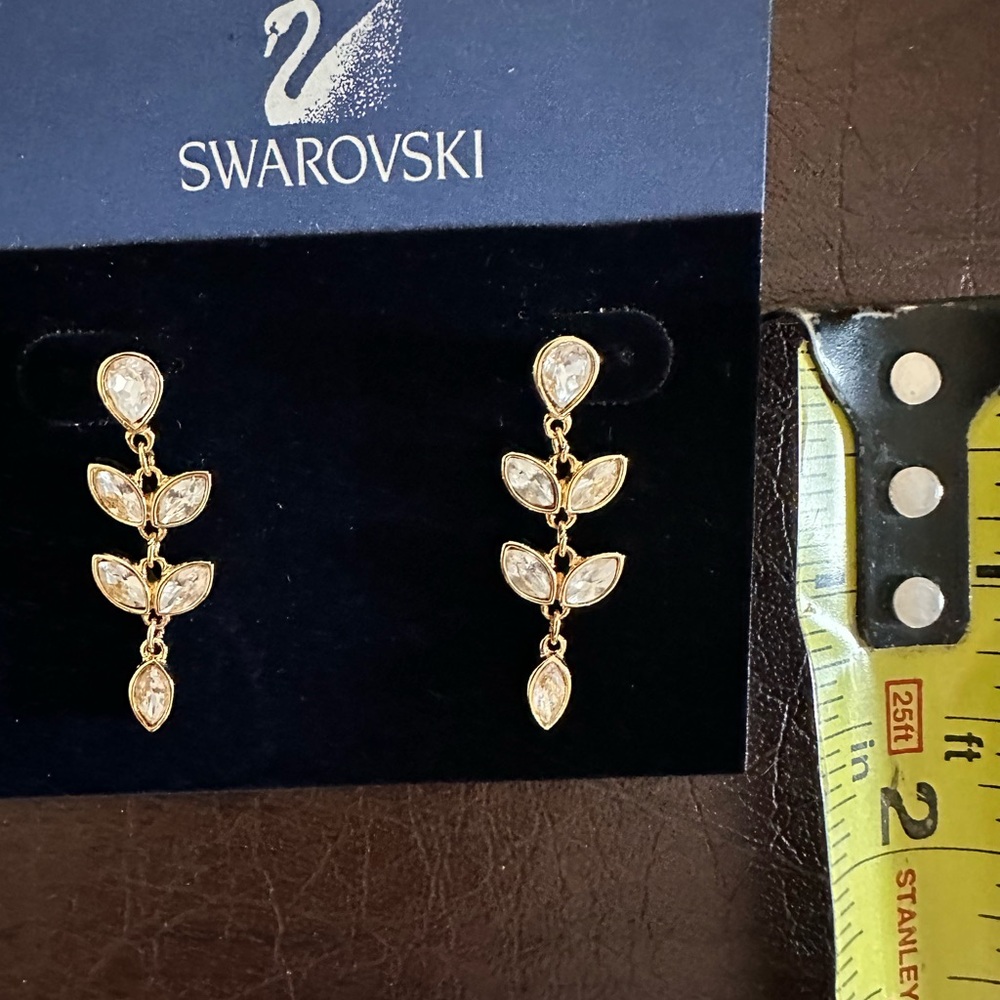 Swarovski Gold Tone Clear Crystal Leaf Drop Earrings